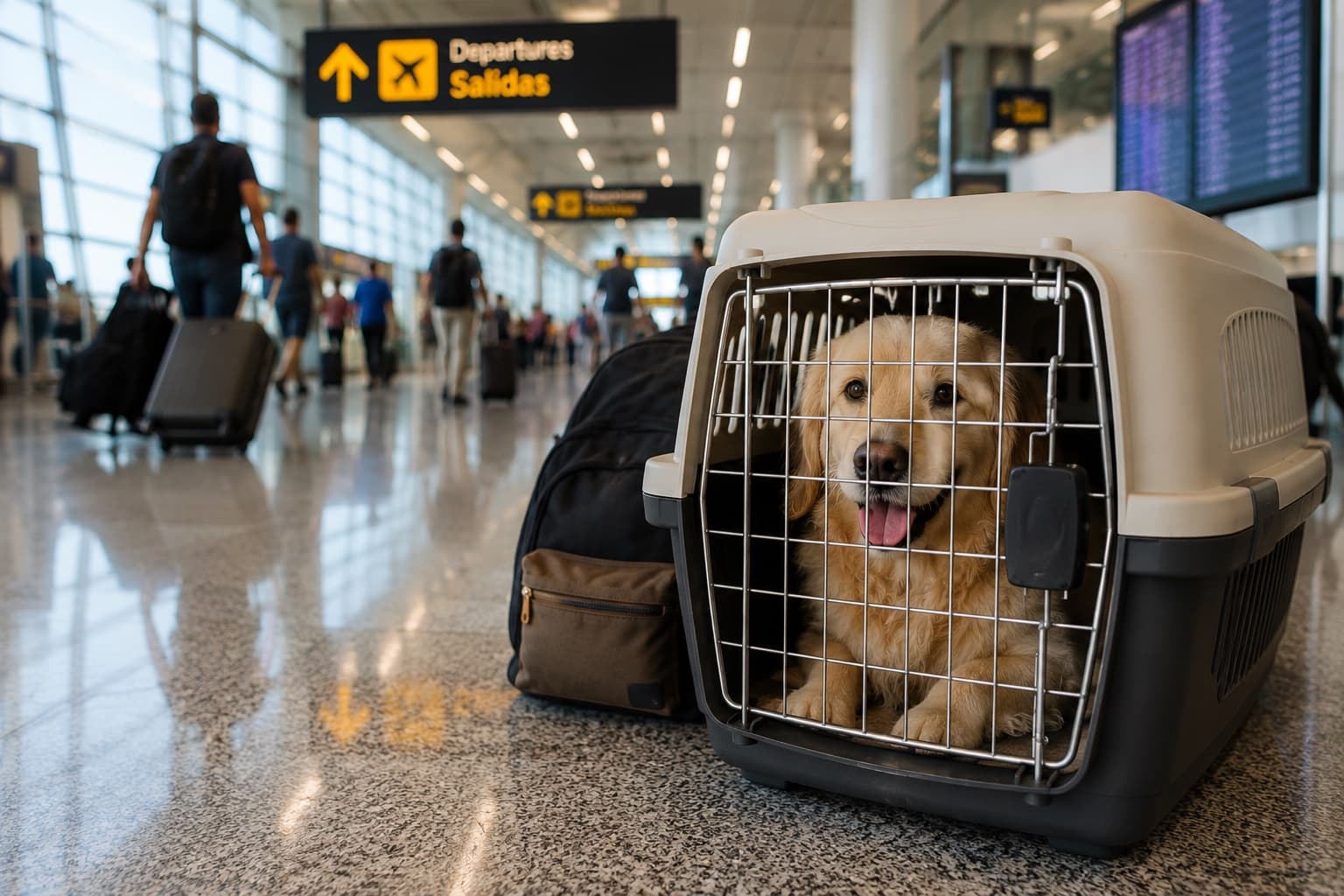 A pet ready to travel at the airport with all its paperwork in order