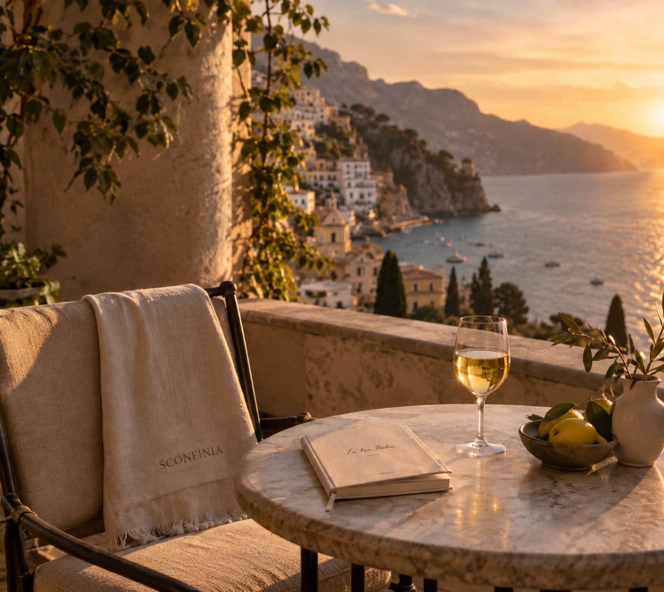 Terraza al atardecer en la costa de Amalfi, con detalles personalizados de Sconfinia