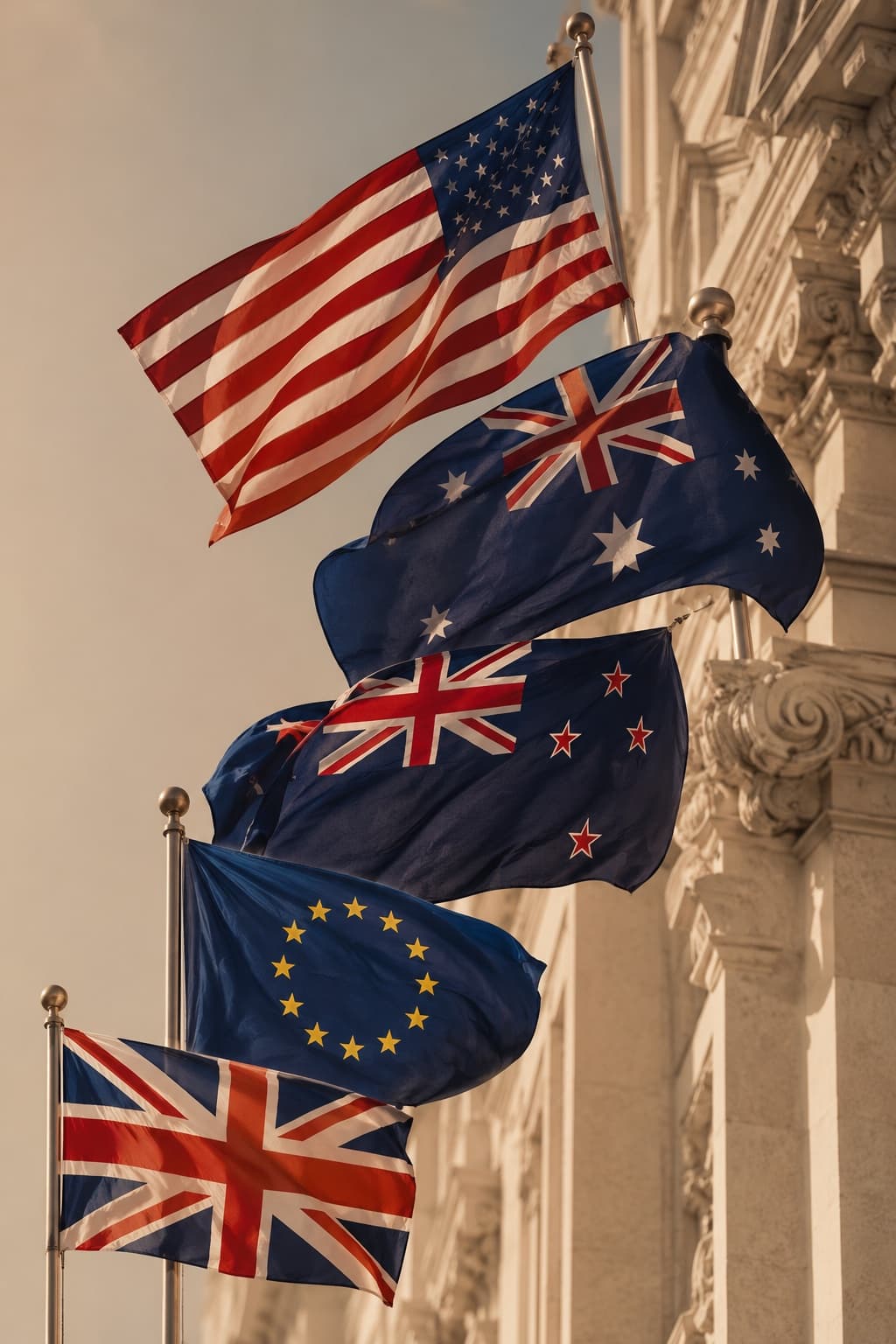 Flags of the United States, Australia, New Zealand and the United Kingdom for visa procedures