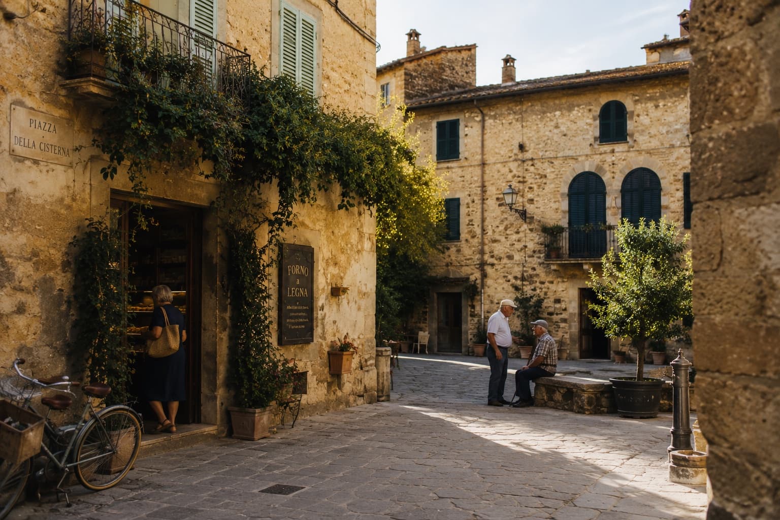 Piazza di un paese italiano al tramonto